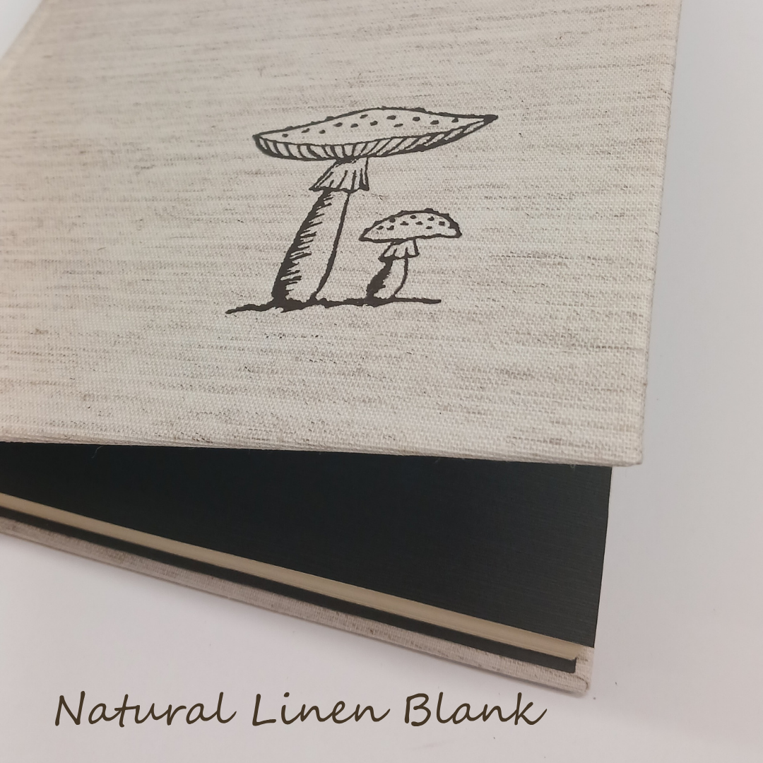 Notebook with mushroom illustration on a natural linen blank cover